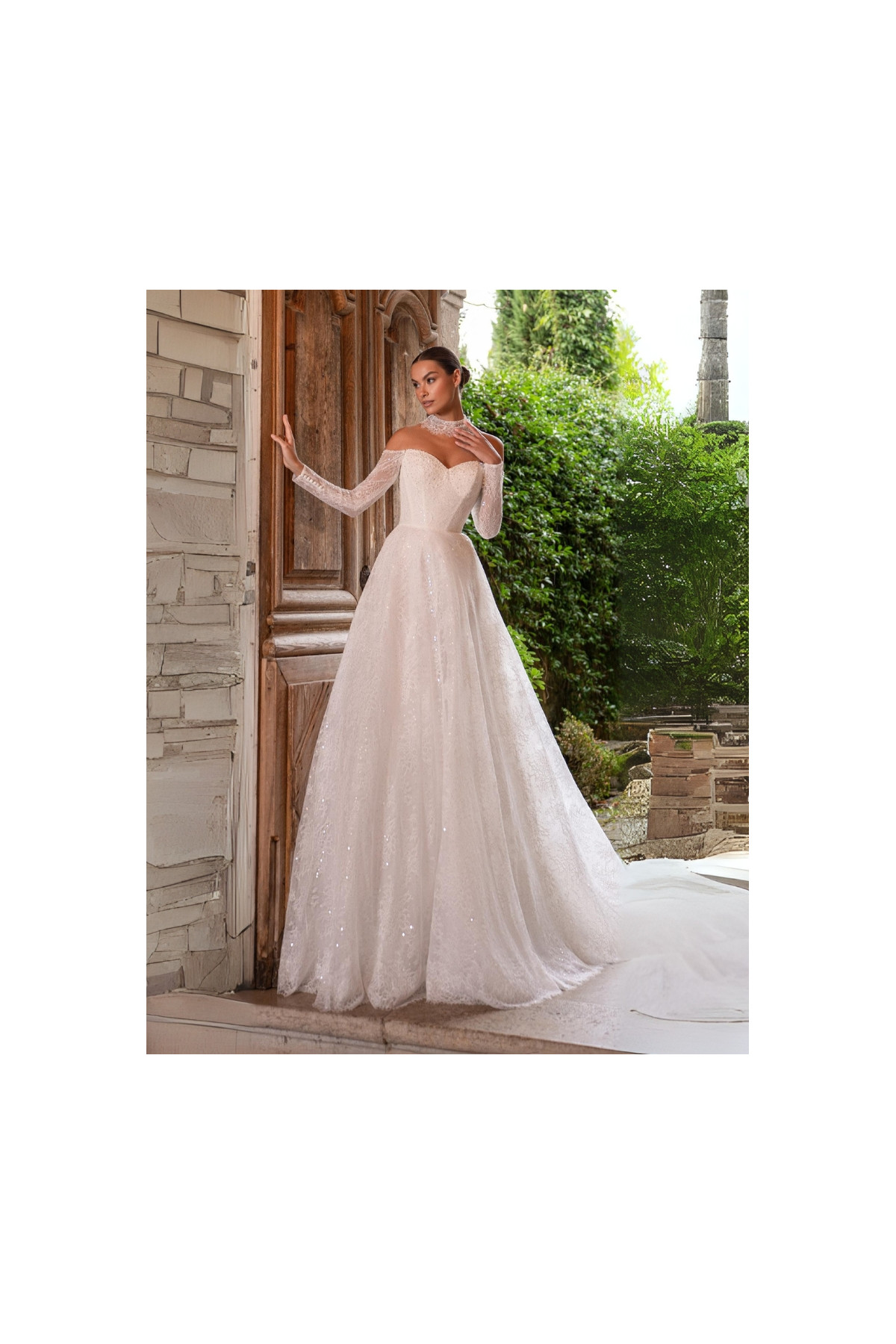Abito da sposa 26MS-07-MK-26, ampio, di pizzo, avorio, Mercedes