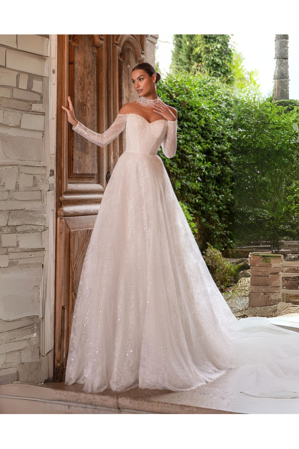 Abito da sposa 26MS-07-MK-26, ampio, di pizzo, avorio, Mercedes