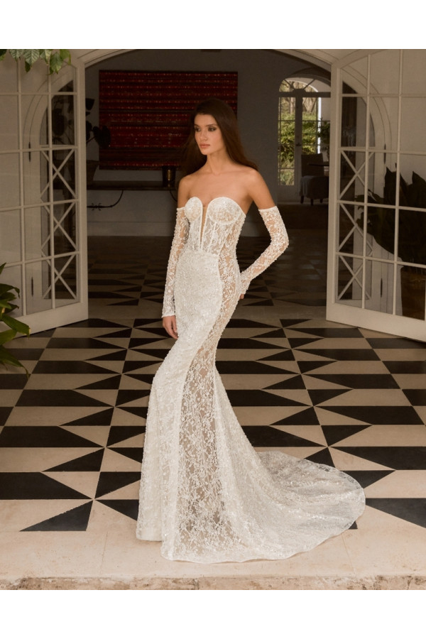 Abito da sposa Kristen, avorio, in pizzo di Alberto Palatchi