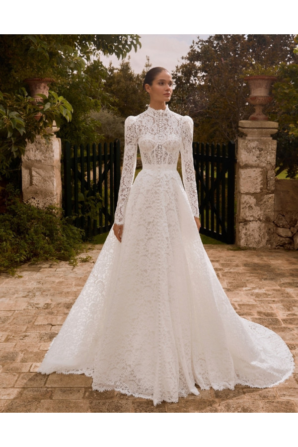 Abito da sposa Mencia, bianco, in pizzo ampio di Alberto Palatachi