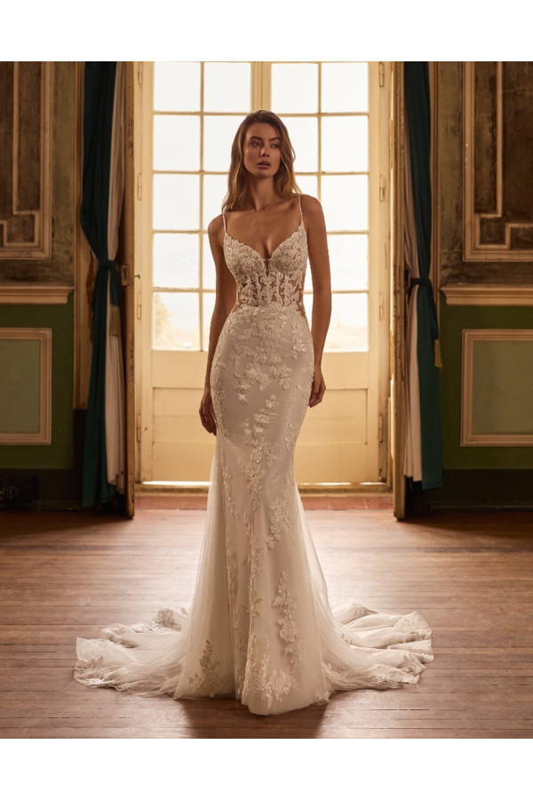 abito da sposa Sigrid, a sirena, pizzo, off white, di Alberto Palatach